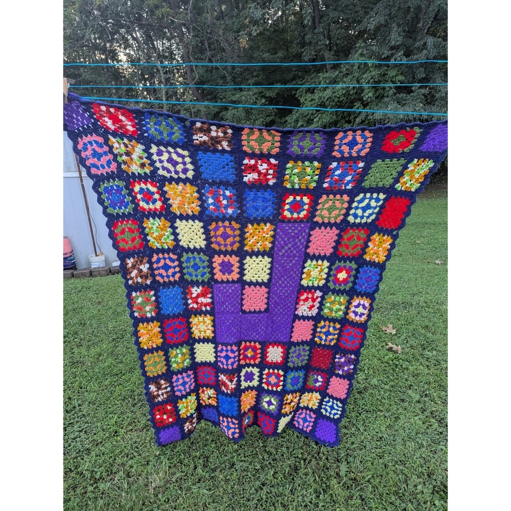 Vintage Handmade Granny Square Crochet Throw Blanket Afghan "J"?  Grandmacore